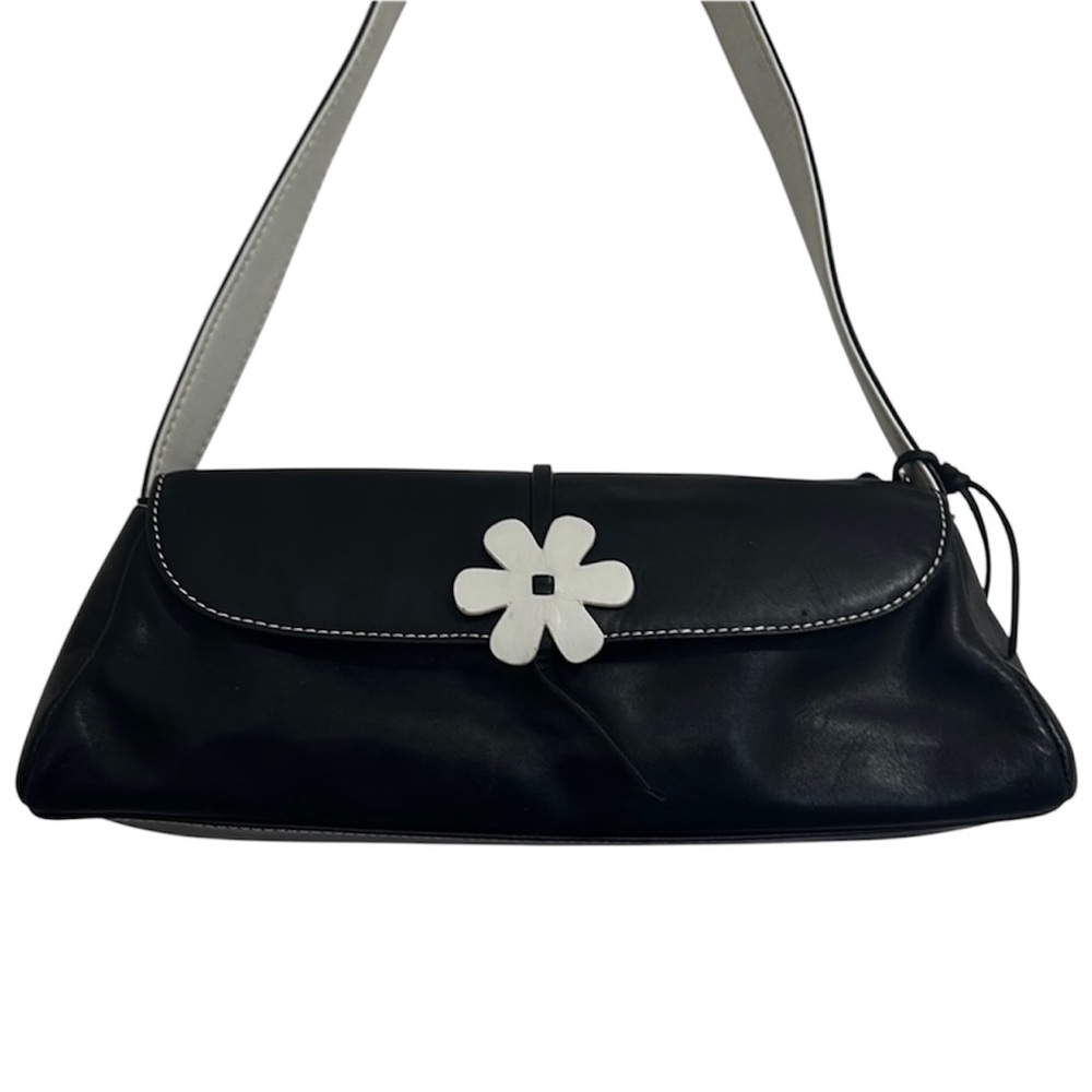 Rolf’s Vintage Black Leather Shoulder Bag with White Flower Accent